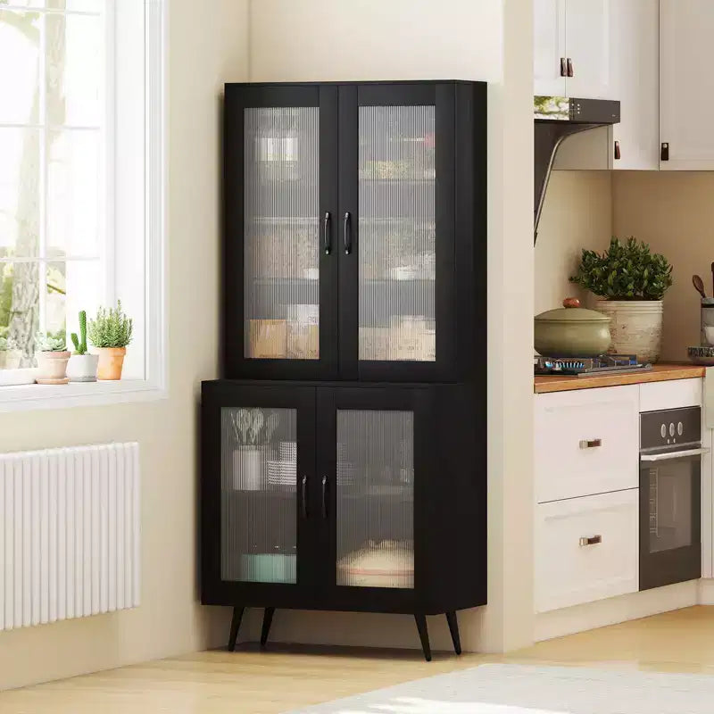 Kitchen Pantry Cabinet with Translucent Fluted Doors & Adjustable Shelf