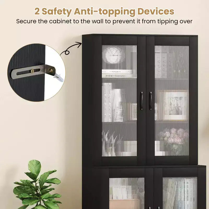 Kitchen Pantry Cabinet with Translucent Fluted Doors & Adjustable Shelf