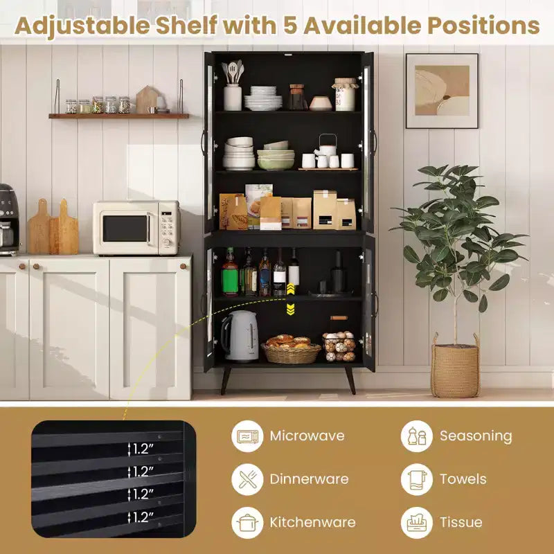 Kitchen Pantry Cabinet with Translucent Fluted Doors & Adjustable Shelf
