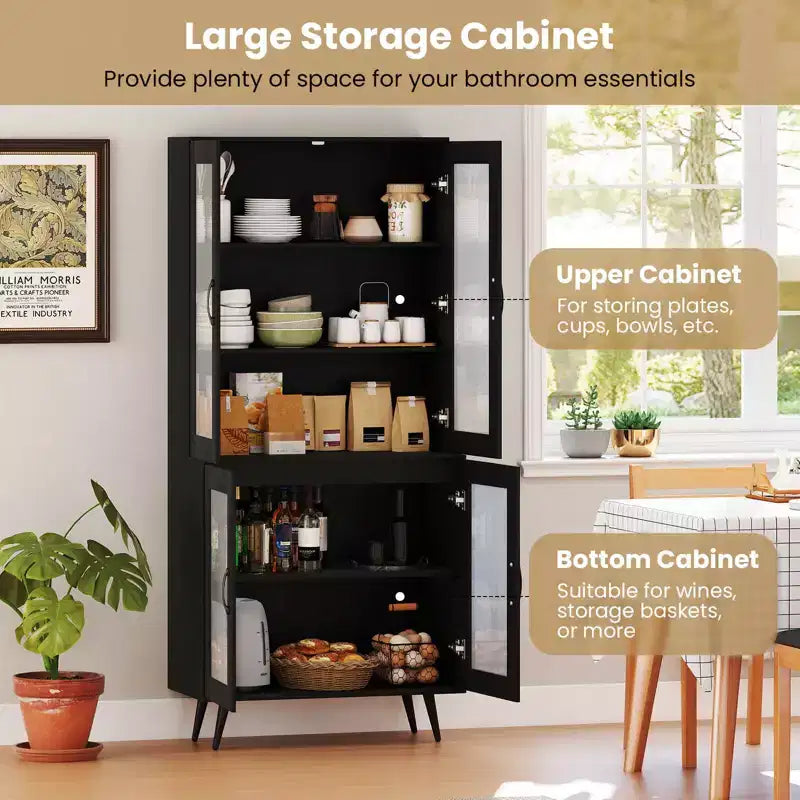 Kitchen Pantry Cabinet with Translucent Fluted Doors & Adjustable Shelf