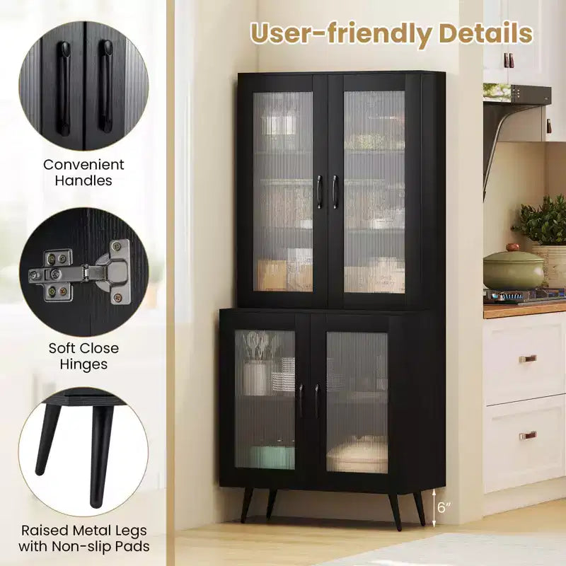 Kitchen Pantry Cabinet with Translucent Fluted Doors & Adjustable Shelf