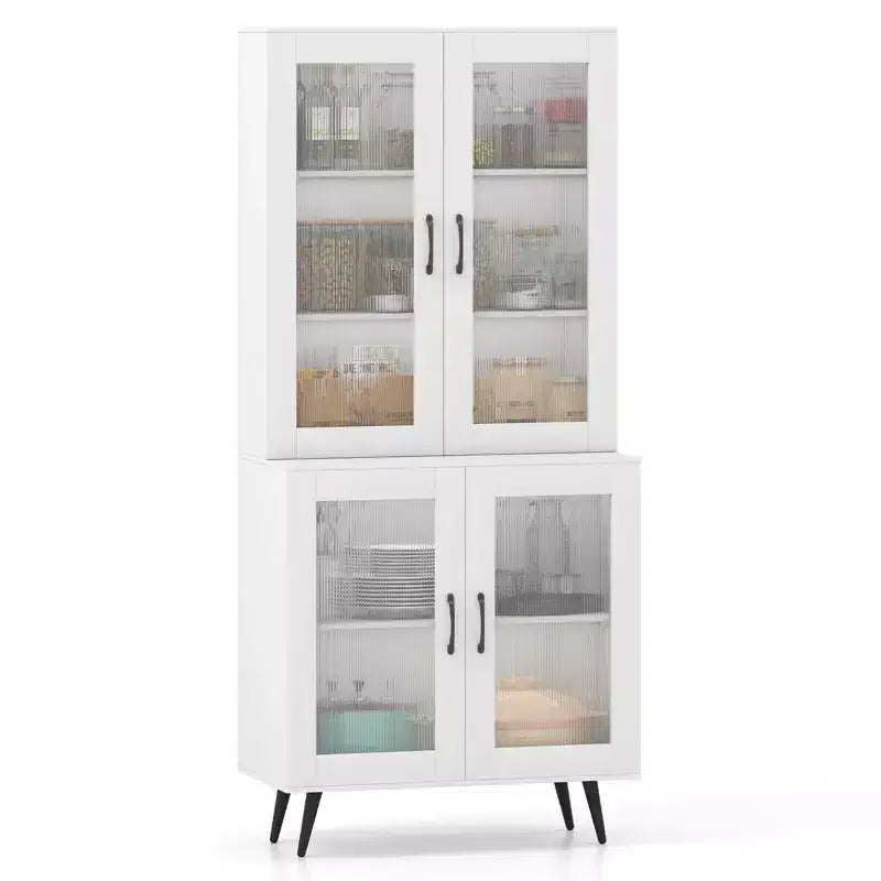 Kitchen Pantry Cabinet with Translucent Fluted Doors & Adjustable Shelf