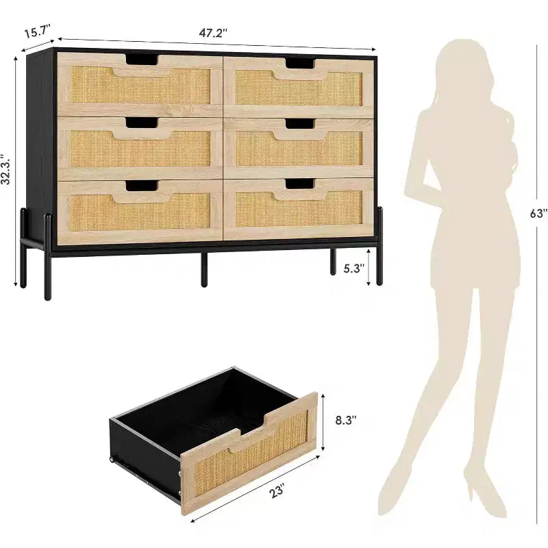 Natural Rattan 6 Drawer Dresser, Wooden Chest of Drawer, Farmhouse Storage Cabinet with Metal Legs, Modern Dresser for Bedroom, Living Room