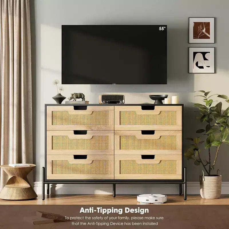 Natural Rattan 6 Drawer Dresser, Wooden Chest of Drawer, Farmhouse Storage Cabinet with Metal Legs, Modern Dresser for Bedroom, Living Room