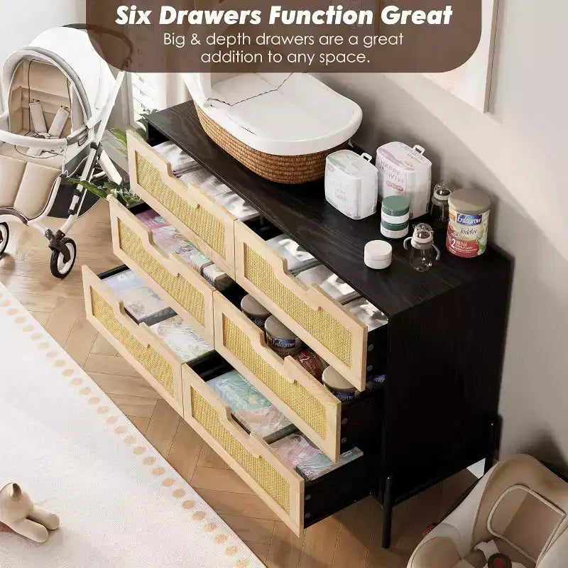 Natural Rattan 6 Drawer Dresser, Wooden Chest of Drawer, Farmhouse Storage Cabinet with Metal Legs, Modern Dresser for Bedroom, Living Room