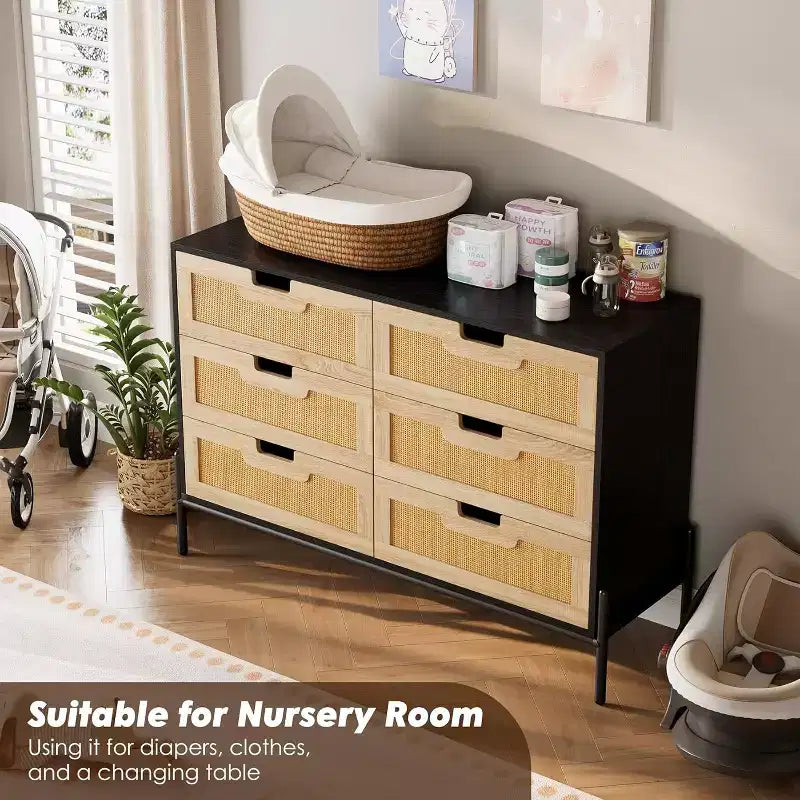 Natural Rattan 6 Drawer Dresser, Wooden Chest of Drawer, Farmhouse Storage Cabinet with Metal Legs, Modern Dresser for Bedroom, Living Room
