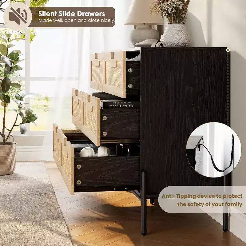 Natural Rattan 6 Drawer Dresser, Wooden Chest of Drawer, Farmhouse Storage Cabinet with Metal Legs, Modern Dresser for Bedroom, Living Room
