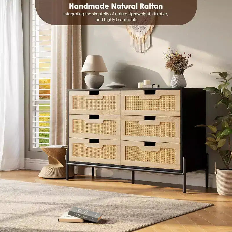 Natural Rattan 6 Drawer Dresser, Wooden Chest of Drawer, Farmhouse Storage Cabinet with Metal Legs, Modern Dresser for Bedroom, Living Room
