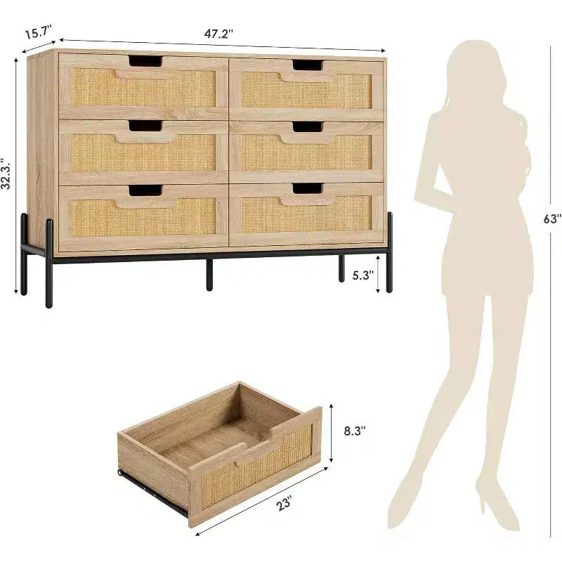 Natural Rattan 6 Drawer Dresser, Wooden Chest of Drawer, Farmhouse Storage Cabinet with Metal Legs, Modern Dresser for Bedroom, Living Room