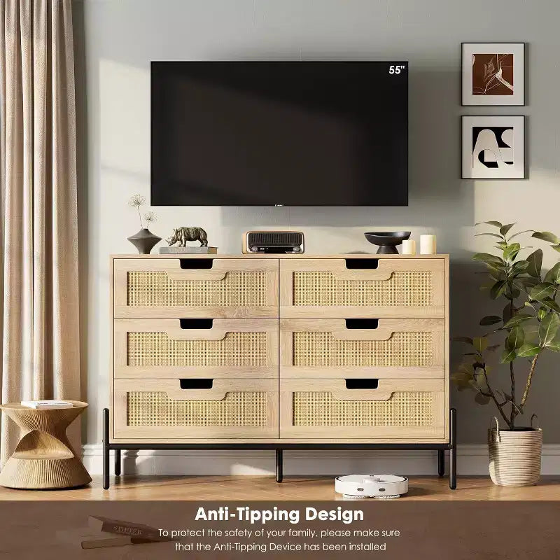 Natural Rattan 6 Drawer Dresser, Wooden Chest of Drawer, Farmhouse Storage Cabinet with Metal Legs, Modern Dresser for Bedroom, Living Room
