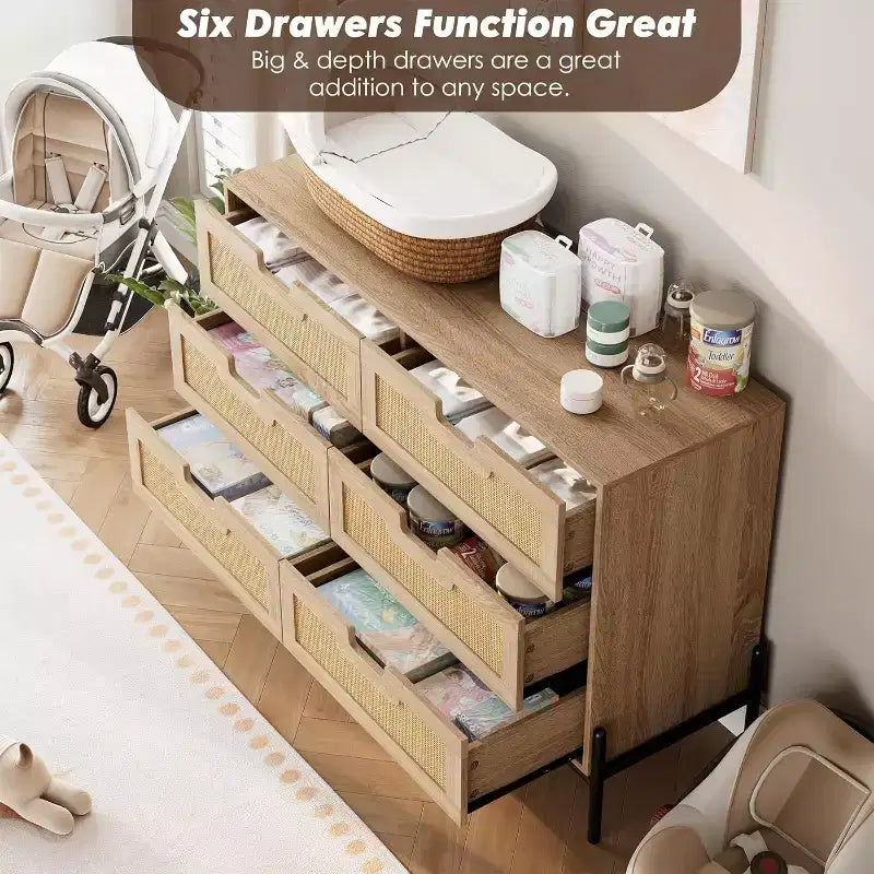 Natural Rattan 6 Drawer Dresser, Wooden Chest of Drawer, Farmhouse Storage Cabinet with Metal Legs, Modern Dresser for Bedroom, Living Room