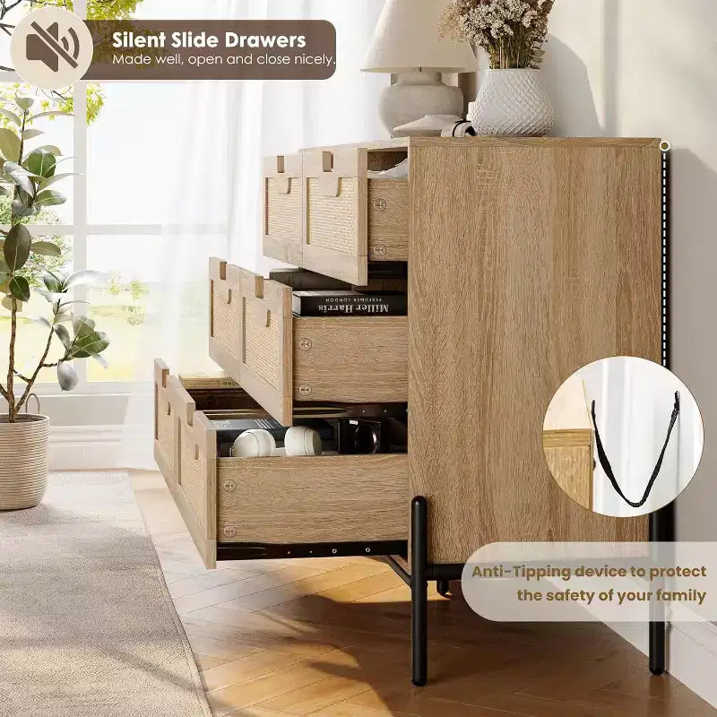 Natural Rattan 6 Drawer Dresser, Wooden Chest of Drawer, Farmhouse Storage Cabinet with Metal Legs, Modern Dresser for Bedroom, Living Room