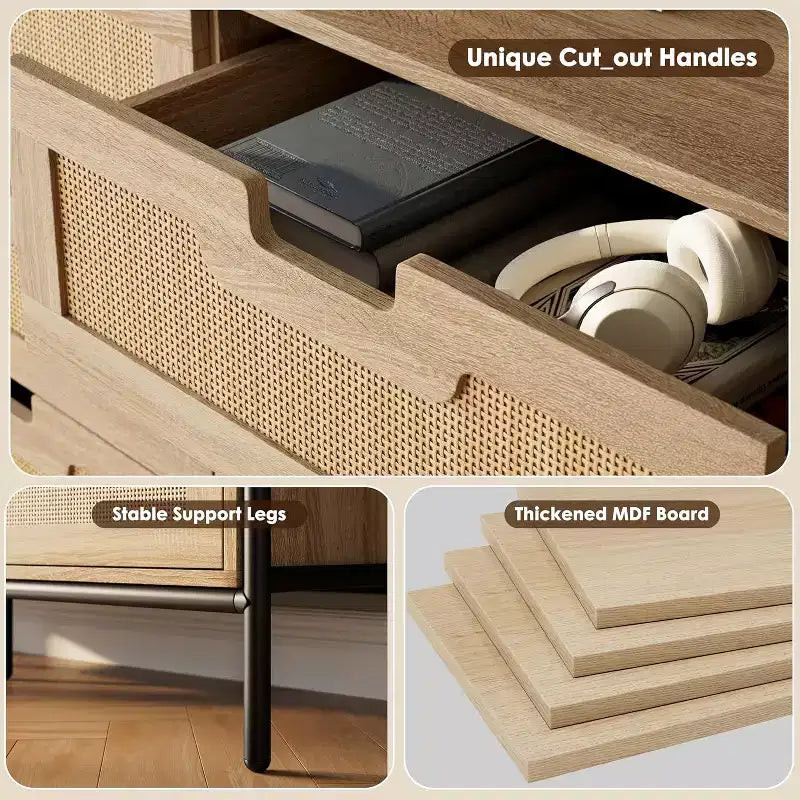 Natural Rattan 6 Drawer Dresser, Wooden Chest of Drawer, Farmhouse Storage Cabinet with Metal Legs, Modern Dresser for Bedroom, Living Room