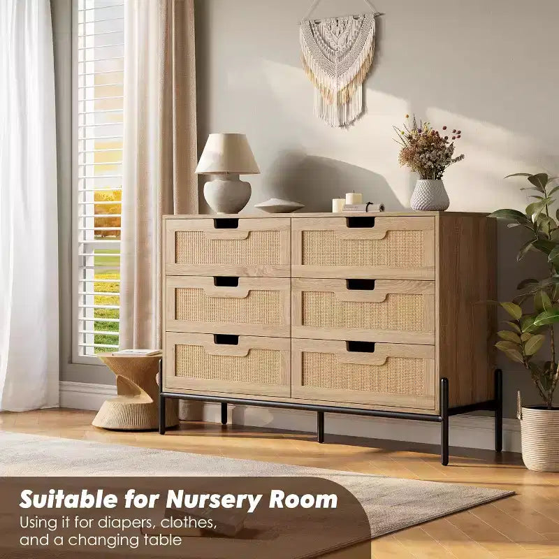 Natural Rattan 6 Drawer Dresser, Wooden Chest of Drawer, Farmhouse Storage Cabinet with Metal Legs, Modern Dresser for Bedroom, Living Room