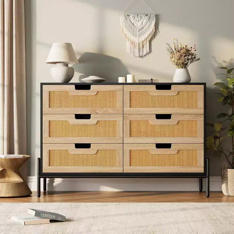 Natural Rattan 6 Drawer Dresser, Wooden Chest of Drawer, Farmhouse Storage Cabinet with Metal Legs, Modern Dresser for Bedroom, Living Room