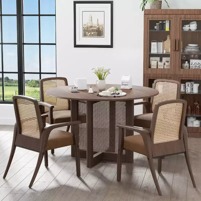 46 inch Round Brown Rattan Dining Table for 4-6 People Suitable for Dining Room and Living Room