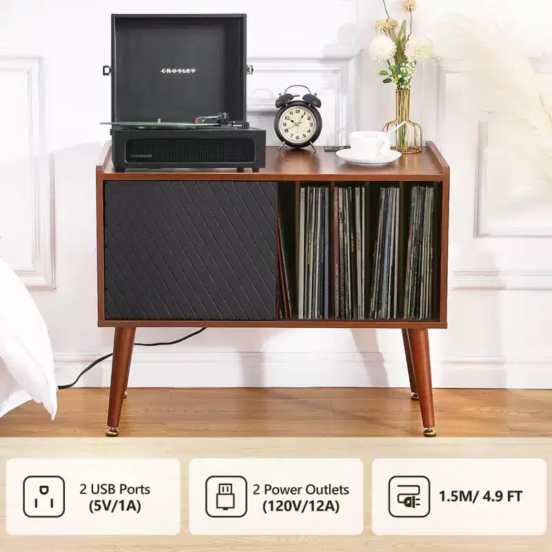Record Player Stand with Vinyl Storage, Record Player Table Holds Up to 300 Albums, Turntable Stand with Charging Station for Living Room Bedroom