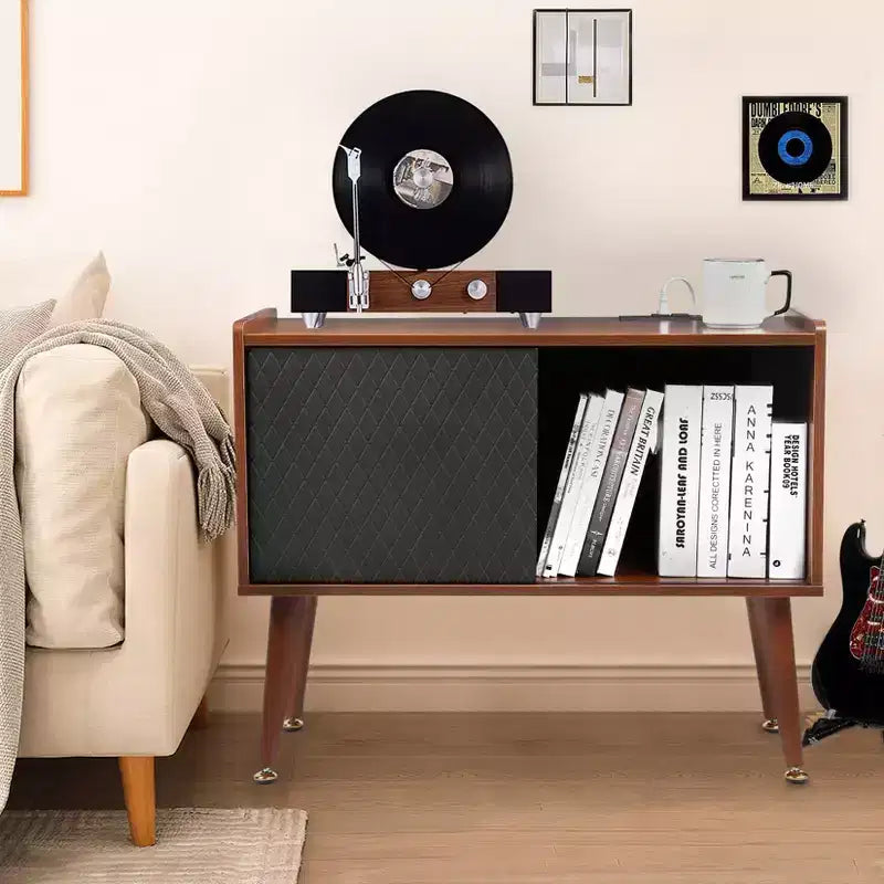 Record Player Stand with Vinyl Storage, Record Player Table Holds Up to 300 Albums, Turntable Stand with Charging Station for Living Room Bedroom