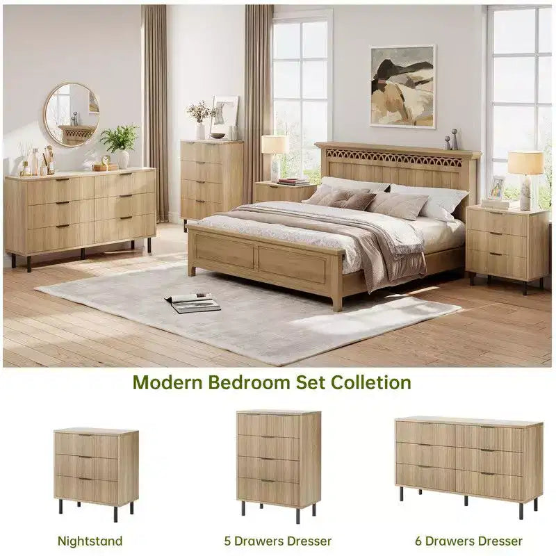 Fluted 5 Drawer Dresser for Bedroom, Modern Wood Chest of Drawers with Wide Drawers, Closet Dresser Organizer with Anti-Tipping Device