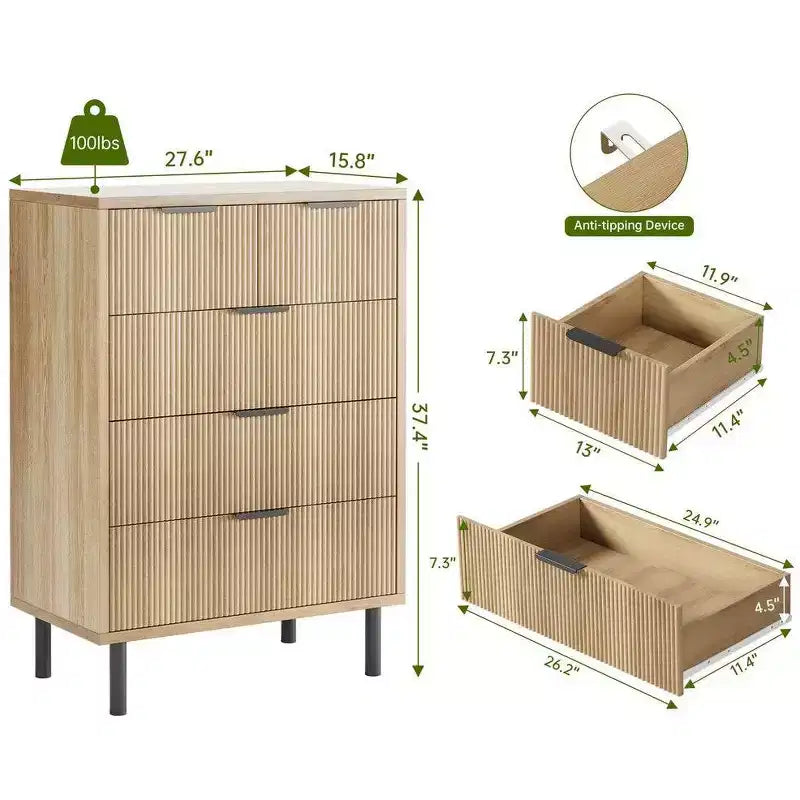 Fluted 5 Drawer Dresser for Bedroom, Modern Wood Chest of Drawers with Wide Drawers, Closet Dresser Organizer with Anti-Tipping Device