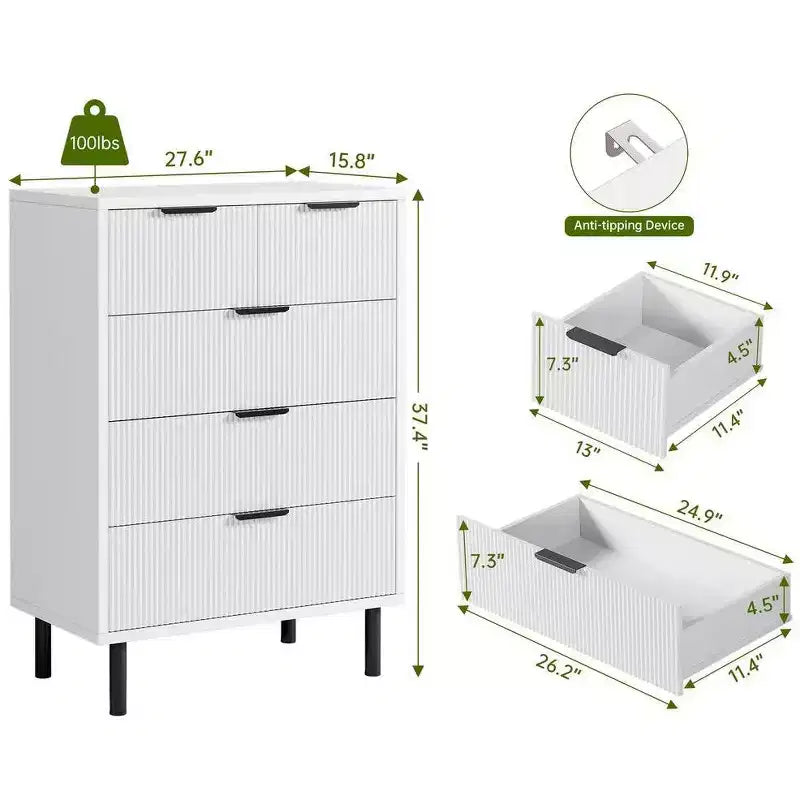 Fluted 5 Drawer Dresser for Bedroom, Modern Wood Chest of Drawers with Wide Drawers, Closet Dresser Organizer with Anti-Tipping Device