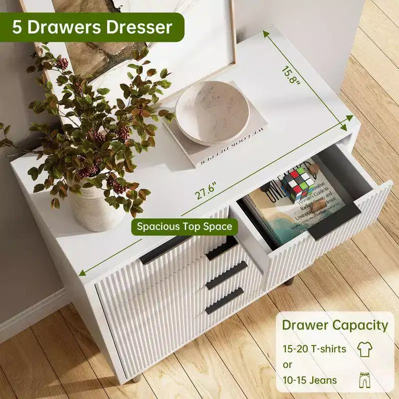 Fluted 5 Drawer Dresser for Bedroom, Modern Wood Chest of Drawers with Wide Drawers, Closet Dresser Organizer with Anti-Tipping Device