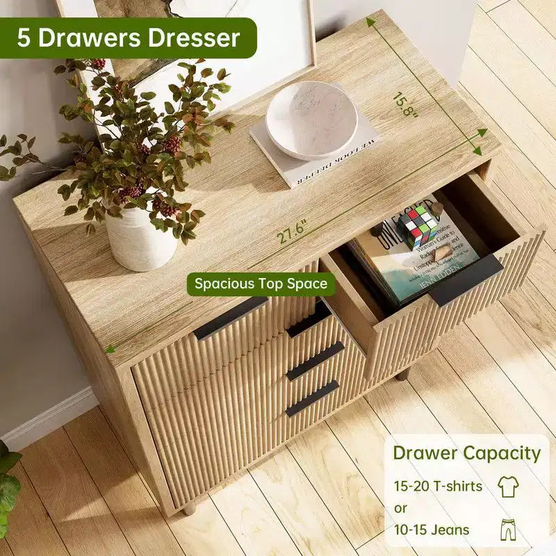 Fluted 5 Drawer Dresser for Bedroom, Modern Wood Chest of Drawers with Wide Drawers, Closet Dresser Organizer with Anti-Tipping Device