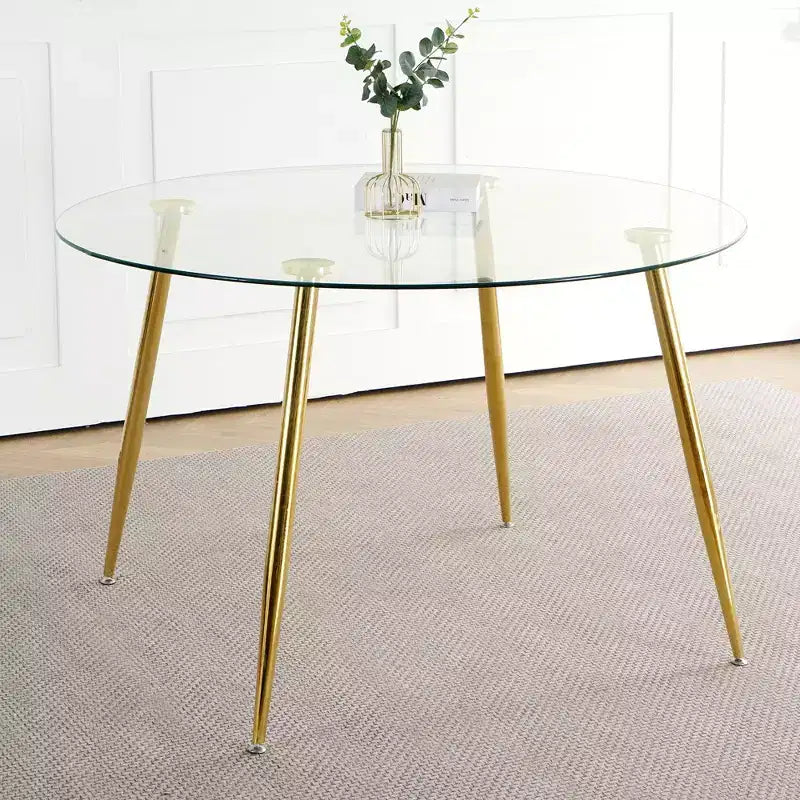 Modern Round Dining Table with Tempered Glass Dining Room Table with Metal Spray Legs for Dining Room, Gold
