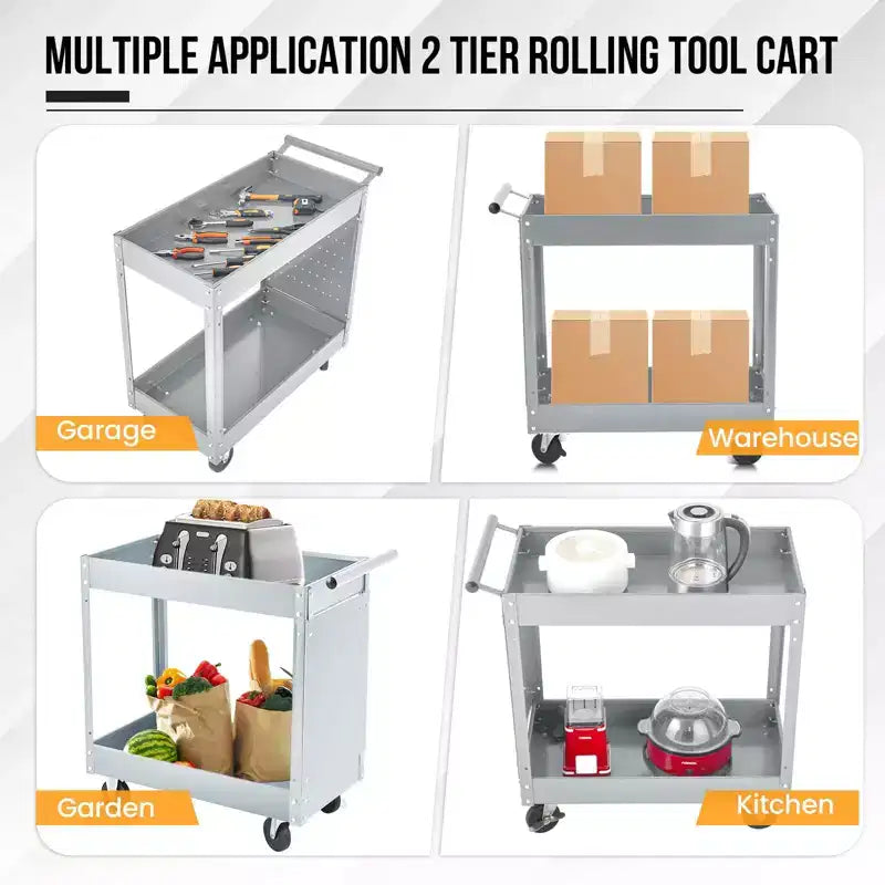 2 Tray Tool Cart, 400 LBS Capacity Rolling Tool Carts On Wheels, Heavy Duty Utility Cart with Pegboard, Mechanic Tool Storage Cart