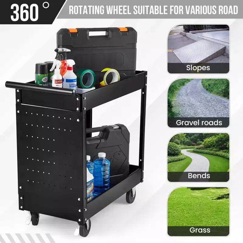 2 Tray Tool Cart, 400 LBS Capacity Rolling Tool Carts On Wheels, Heavy Duty Utility Cart with Pegboard, Mechanic Tool Storage Cart