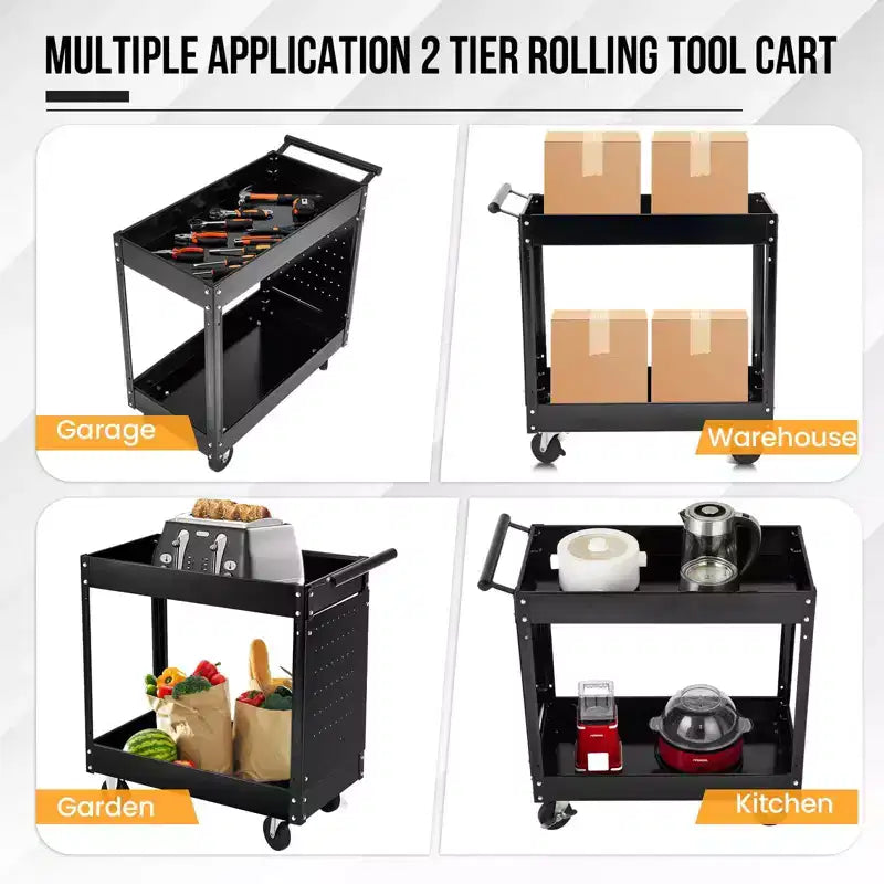 2 Tray Tool Cart, 400 LBS Capacity Rolling Tool Carts On Wheels, Heavy Duty Utility Cart with Pegboard, Mechanic Tool Storage Cart