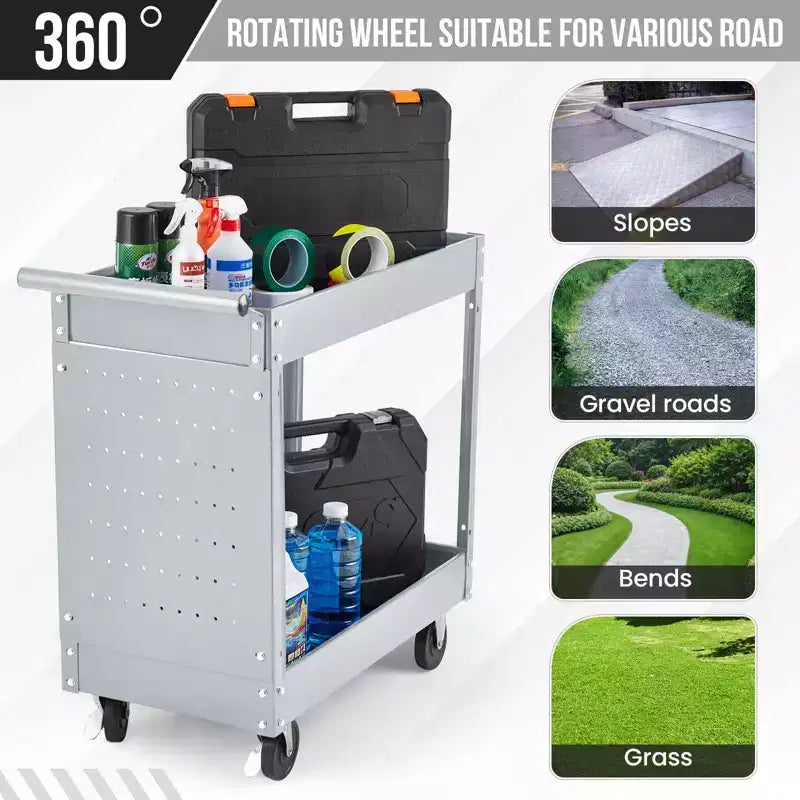 2 Tray Tool Cart, 400 LBS Capacity Rolling Tool Carts On Wheels, Heavy Duty Utility Cart with Pegboard, Mechanic Tool Storage Cart