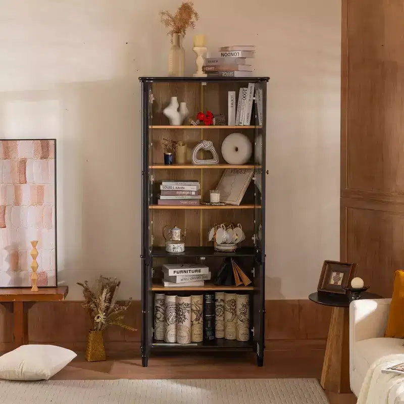Modern Display Buffet Cabinet with Glass Doors & Adjustable Shelves, Bookshelves Pantry Cabinet for Kitchen/Hallways/Living Room