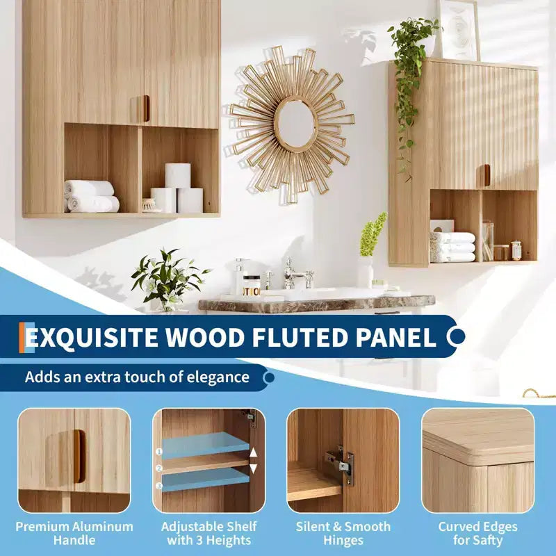 Fluted Bathroom Wall Cabinet, 23x29 Over Toilet Storage Cabinet with Adjustable Shelf,Modern Wooden Medicine Cabinet with Buffering Hinges