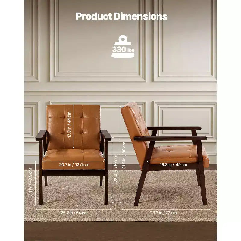 Accent Chair, Mid Century Modern Armchair with Solid Wood Frame and Non-Slip Legs, Upholstered Leisure Chair with PU Leather, Brown