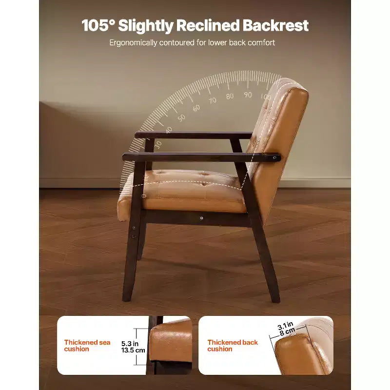 Accent Chair, Mid Century Modern Armchair with Solid Wood Frame and Non-Slip Legs, Upholstered Leisure Chair with PU Leather, Brown