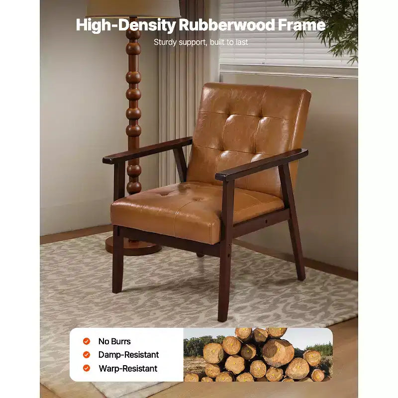 Accent Chair, Mid Century Modern Armchair with Solid Wood Frame and Non-Slip Legs, Upholstered Leisure Chair with PU Leather, Brown