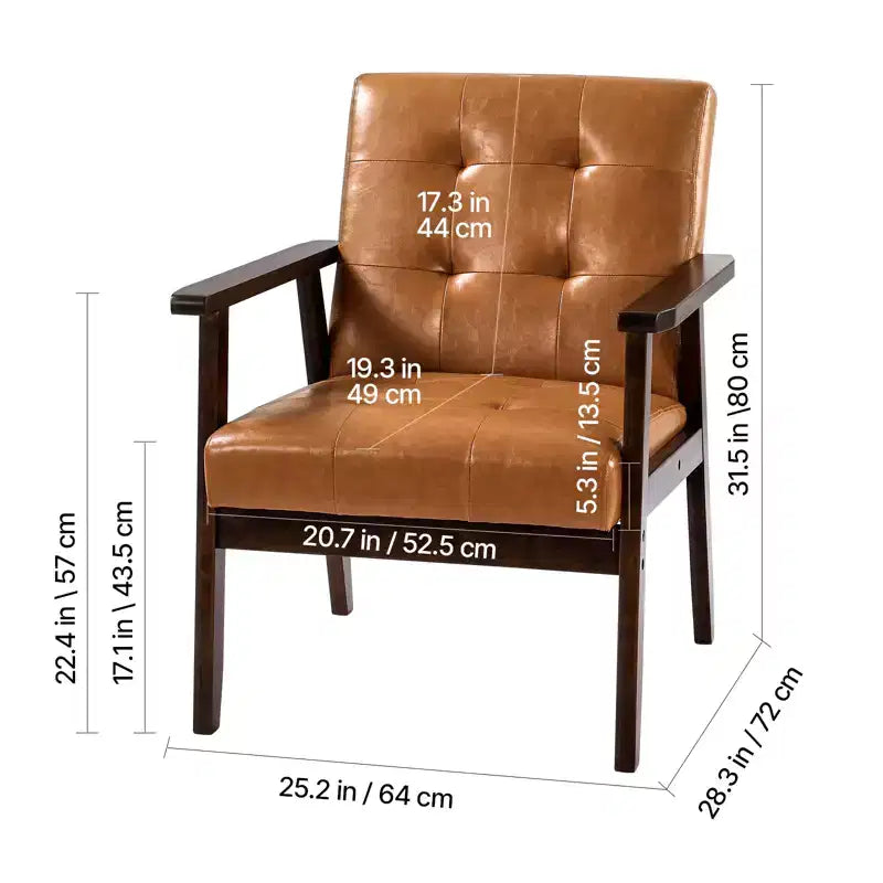Accent Chair, Mid Century Modern Armchair with Solid Wood Frame and Non-Slip Legs, Upholstered Leisure Chair with PU Leather, Brown