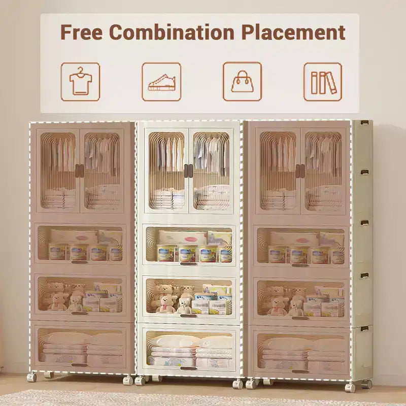 4 Tier Portable Kids Wardrobe Closet with Hanging Rod & Shelves - Foldable Children's Storage Organizer for Clothes, Toys, Books (White)