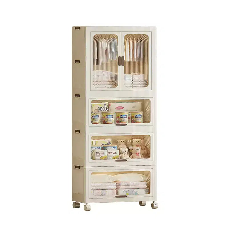 4 Tier Portable Kids Wardrobe Closet with Hanging Rod & Shelves - Foldable Children's Storage Organizer for Clothes, Toys, Books (White)