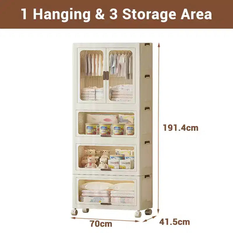 4 Tier Portable Kids Wardrobe Closet with Hanging Rod & Shelves - Foldable Children's Storage Organizer for Clothes, Toys, Books (White)