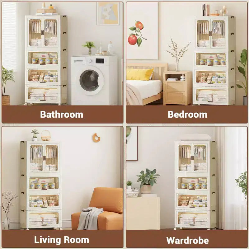 4 Tier Portable Kids Wardrobe Closet with Hanging Rod & Shelves - Foldable Children's Storage Organizer for Clothes, Toys, Books (White)