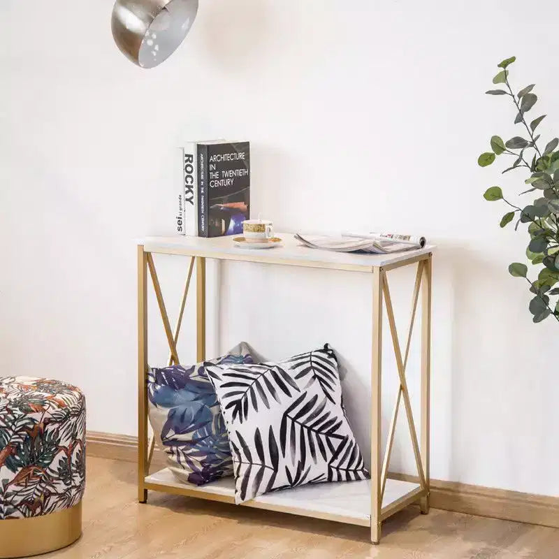 2 Layer X Side Frame Wooden Iron Frame 78.2*35.1*76.2cm White Panel Gold Frame Porch Storage Porch Table