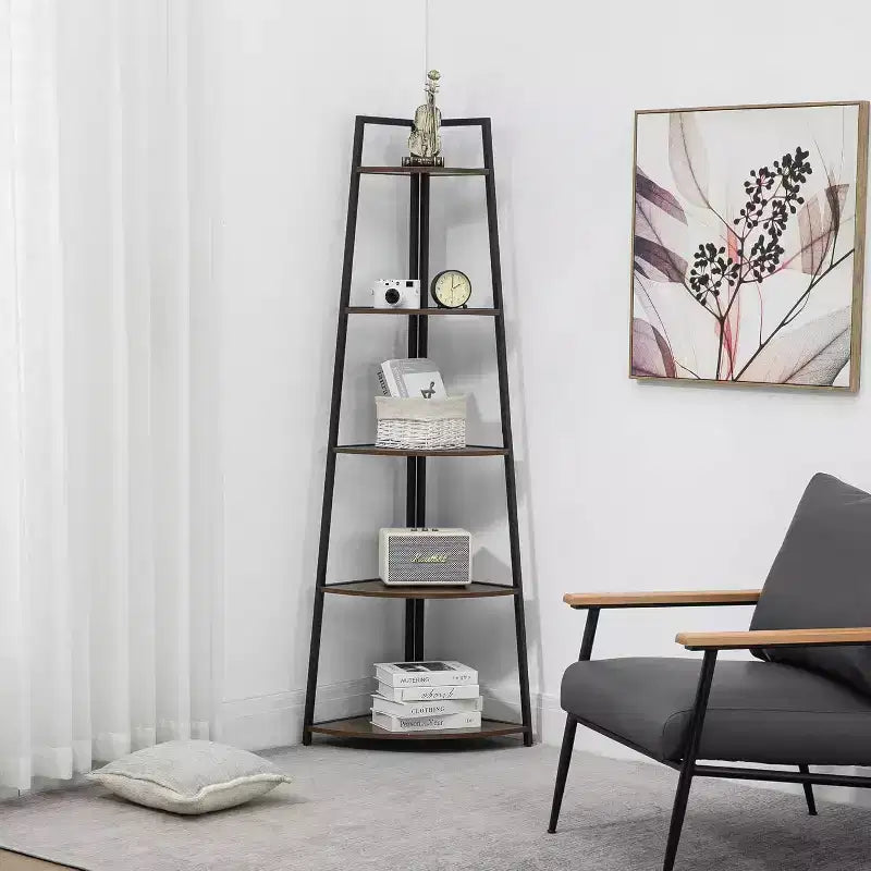 5-Tier Corner Shelf, Space-Saving Storage Rack with Rounded Edges, Metal Frame for Living Room Bedroom Kitchen Balcony, Easy Assembly