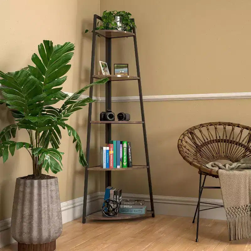 5-Tier Corner Shelf, Space-Saving Storage Rack with Rounded Edges, Metal Frame for Living Room Bedroom Kitchen Balcony, Easy Assembly