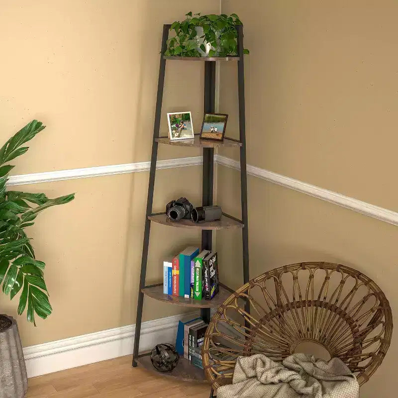 5-Tier Corner Shelf, Space-Saving Storage Rack with Rounded Edges, Metal Frame for Living Room Bedroom Kitchen Balcony, Easy Assembly