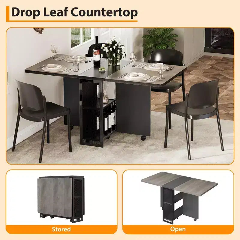 Folding Dining Table, Farmhouse Dining Table for 4 Storage Shelf, 6 Wheels Multipose Expandable Kitchen Drop Leaf Table