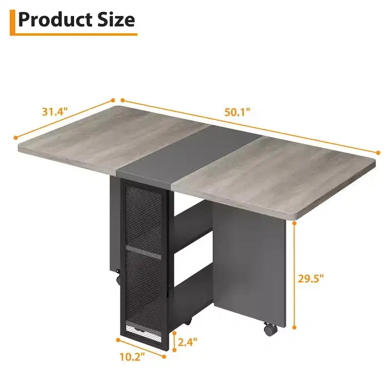 Folding Dining Table, Farmhouse Dining Table for 4 Storage Shelf, 6 Wheels Multipose Expandable Kitchen Drop Leaf Table